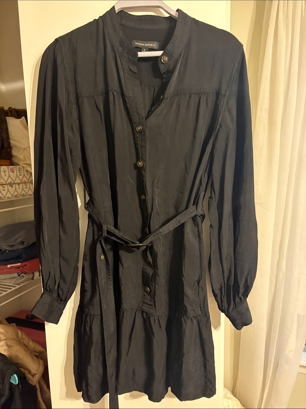 Banana Republic Black Long-Sleeve Belted Shirt Dress